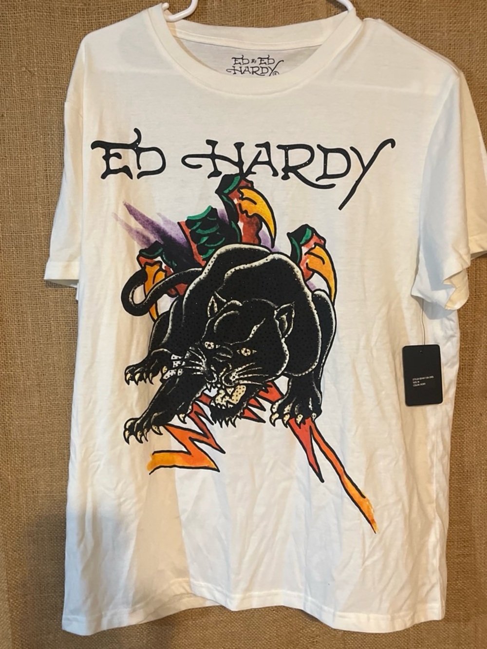 Ed Hardy White T-Shirt with Black Panther Graphic and Multicolor Accents